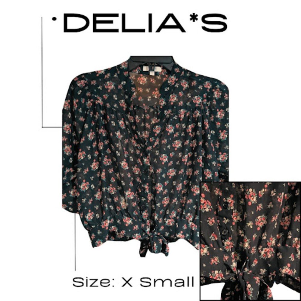 Delia's Black Floral Tie Front Blouse - Sheer Top Size X-Small